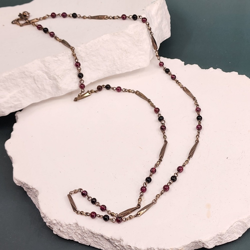 925 Sterling Silver Purple Black Glass Bead Long Station Necklace Gothic Layered